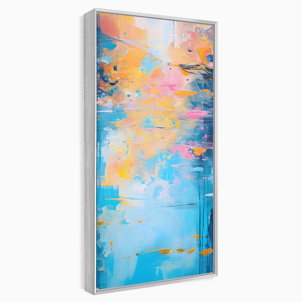 Tablou canvas cu pictura abstracta cu reflexii colorate, in rama de aluminiu argintiu